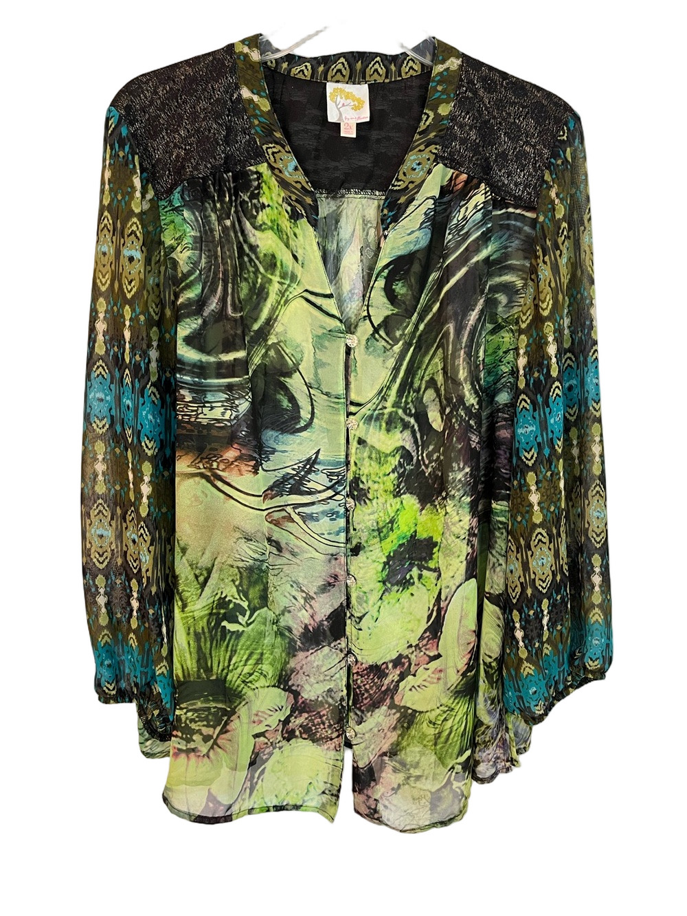 Fig and Flower Sheer Floral Lace Blouse 2X Fairy Grunge Whimsigoth Peasant Green